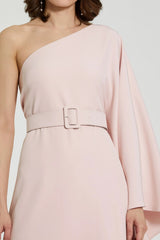 Pink Crepe One Sleeve Belted Kaftan Dress