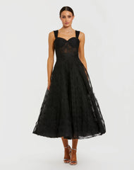 Black Bustier Sleeveless A-Line Tulle Midi Dress