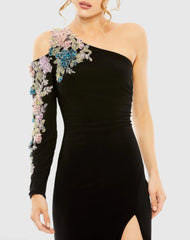 Black One Shoulder Long Sleeve Floral Embellished Gown