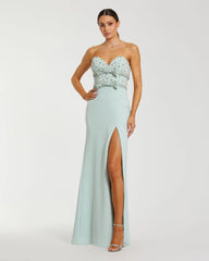 Strapless Rhinestone Bodice Crepe Gown