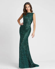 Green Cowl Back Boat Neck Sequined Evening Gown
