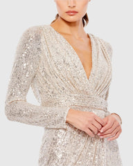 Silver Sequined Long Sleeve Gown