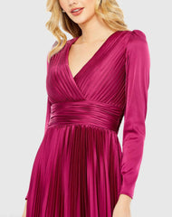 Purple Pleated Long Sleeve V-Neck Gown