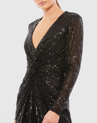 Black Sequined High Low Front Twist Midi Dress