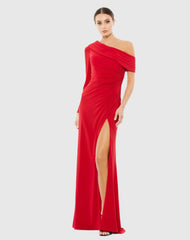 Red Ruched Jersey Drop Shoulder Foldover Gown