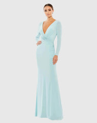Long Sleeve Ruched Jersey V-Neck Gown