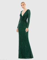 Green Sequined Faux Wrap Long Sleeve Column Gown