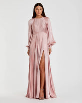 Pleated High Neck Raglan Long Sleeve Side Slit Gown