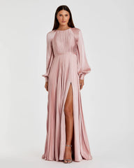 Pleated High Neck Raglan Long Sleeve Side Slit Gown
