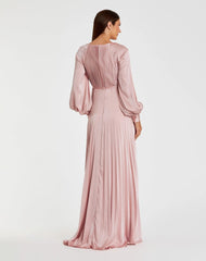 Pink Pleated High Neck Raglan Long Sleeve Side Slit Gown