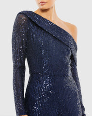 Blue Sequined Drop Shoulder Long Sleeve Jumpsuit
