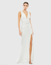 White V-Neck Sequin Wrap Waist Gown