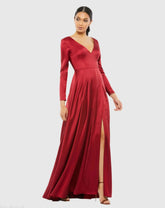 Satin V Neck Long Sleeve Pleated Gown - FINAL SALE