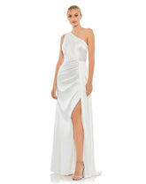 White Gathered One Shoulder Satin Faux Wrap Gown