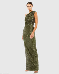 Sequined Ruched One Shoulder Gown