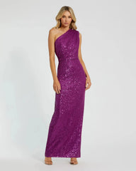 Sequined Ruched One Shoulder Gown