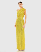 Yellow Sequined Ruched One Shoulder Gown