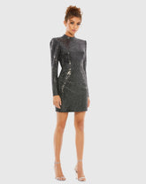 Black and Silver High Neck Long Sleeve Two Tone Mini Dress