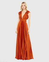 Dark Orange Pleated Ruffled Cap Sleeve Cut Out Lace Up Gown