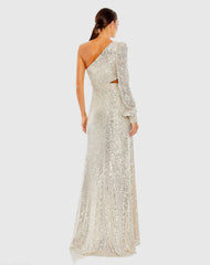 Silver Sequined One Shoulder Cut Out Gown