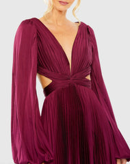 Red Long Sleeve Pleated Charmeuse Cut Out Gown