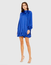 Blue High Neck Long Sleeve Bubble Hem Dress