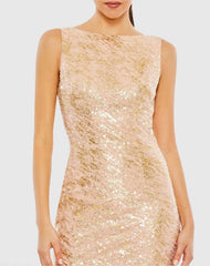Pink Metallic Sequin Boat Neck Trumpet Gown with Cowl Back