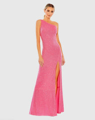 Pink Sequined One Shoulder Draped Back Gown