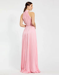 Pink Pleated High Neck Satin Sleeveless Halter Gown