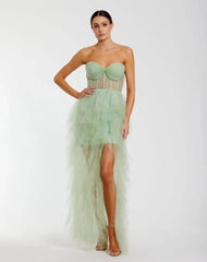 Green Strapless Corset Gown with Spiral Ruffles