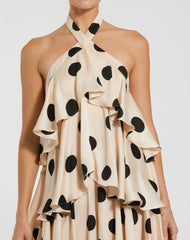 Beige Tiered Ruffle Polka Dot Charmeuse Gown