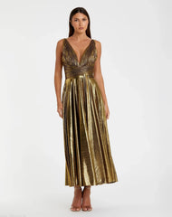 Gold Sleeveless V Neck Pleated Top Metallic Dress