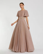 Pink Pleated Shimmering Flutter Sleeve Gown