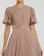 Pink Pleated Shimmering Flutter Sleeve Gown