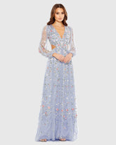 Purple Long Sleeve Embellished Cut Out A-Line Gown