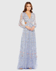 Purple Long Sleeve Embellished Cut Out A-Line Gown