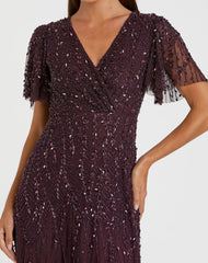 Purple Embellished Flutter Sleeve Gown