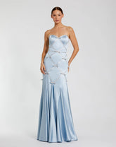Blue Strapless Satin Trumpet Dress With Bow Details
