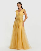 Yellow Embellished Cap Sleeve V Neck Tulle Gown