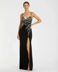Black Multi Color Beaded Floral Cami Gown