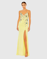 Yellow Multi Color Beaded Floral Cami Gown