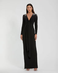 Black Jersey V Neck Faux Knot Gown With Beaded Shoulders