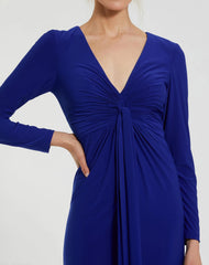Blue Long Sleeve Jersey V Neck Twist Knot Gown