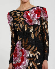 Black Embellished Floral Long Sleeve Gown