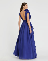 Dark Blue Ruffle Shoulder V-Neck Chiffon Gown