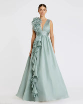 Green Ruffle Shoulder V-Neck Chiffon Gown