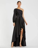 Black Long Sleeve One Shoulder Satin High Low A-line Gown - FINAL SALE