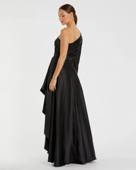 Black Long Sleeve One Shoulder Satin High Low A-line Gown - FINAL SALE