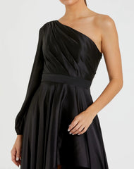 Black Long Sleeve One Shoulder Satin High Low A-line Gown - FINAL SALE