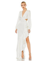 White Cut Out Asymmetrical Ruffled Gown